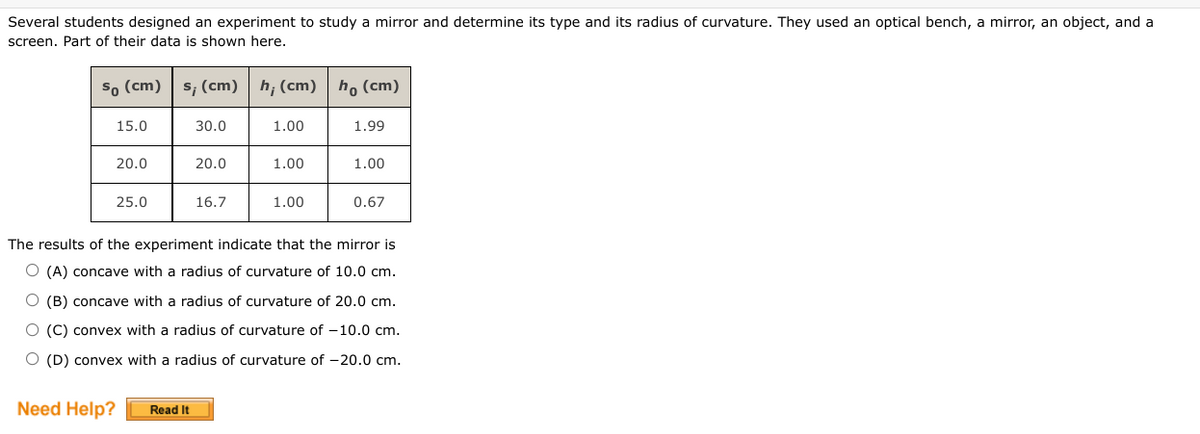 Several students designed an experiment to study a mirror and determine its type and its radius of curvature. They used an optical bench, a mirror, an object, and a
screen. Part of their data is shown here.
so (cm) s; (cm) h, (cm) ho (cm)
15.0
30.0
1.00
1.99
20.0
20.0
1.00
1.00
25.0
16.7
1.00
0.67
The results of the experiment indicate that the mirror is
O (A) concave with a radius of curvature of 10.0 cm.
O (B) concave with a radius of curvature of 20.0 cm.
O (C) convex with a radius of curvature of -10.0 cm.
O (D) convex with a radius of curvature of -20.0 cm.
Need Help?
Read It