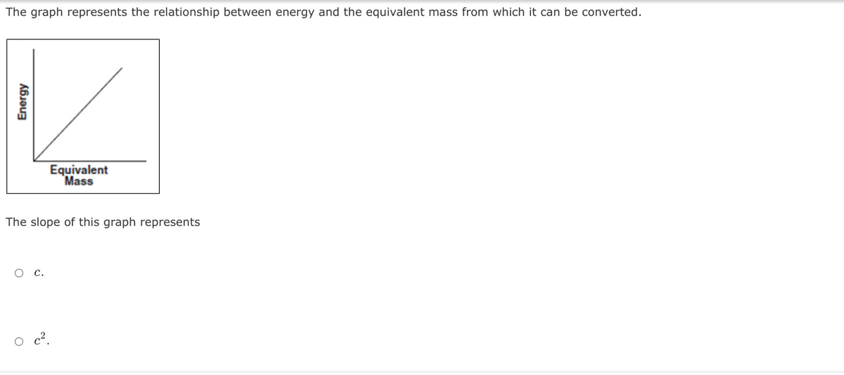 The graph represents the relationship between energy and the equivalent mass from which it can be converted.
Equivalent
Mass
The slope of this graph represents
ос.
o c.
Energy
