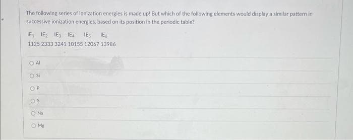 The following series of ionization energies is made up! But which of the following elements would display a similar pattern in
successive ionization energies, based on its position in the periodic table?
IE₁ E₂ IE3 E4 IES IE
1125 2333 3241 10155 12067 13986
O AI
O Si
P
S
O Na
O Mg