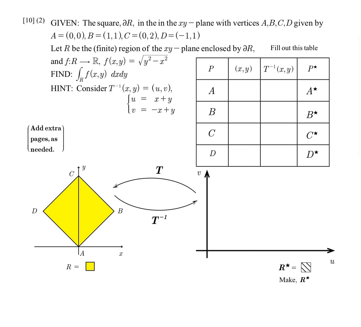 [10] (2) GIVEN: The square, ƏR, in the in the xy - plane with vertices A,B,C,D given by
A = (0,0), B = (1, 1), C = (0, 2), D=(−1,1)
Let R be the (finite) region of the xy - plane enclosed by ƏR,
and ƒ:R → R, ƒ (x,y) = √√y² — x²
FIND: f(x,y) dxdy
HINT: Consider T-¹(x, y) = (u, v),
U =
x+y
-x+y
Add extra
pages, as
needed.
D
R =
A
B
X
=
T
T-¹
1
V
P (x,y) T¹(x, y)
A
B
C
Fill out this table
D
P*
A*
B*
C*
D*
R* = N
Make, R*
U