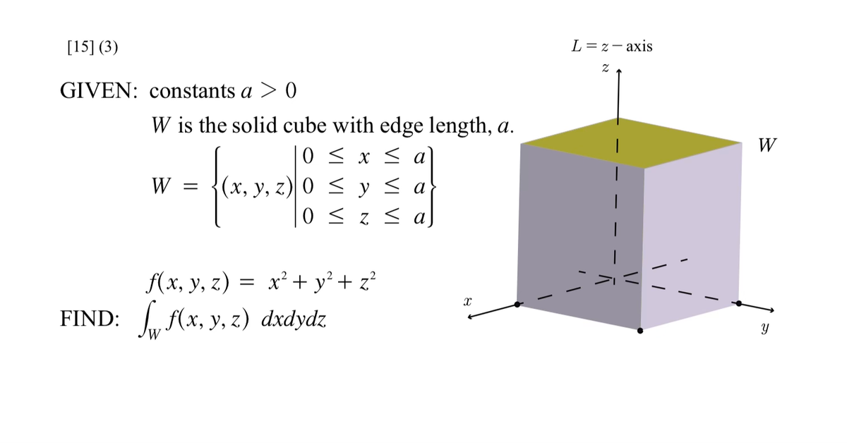 [15] (3)
GIVEN: constants a > 0
W is the solid cube with edge length, a.
0 ≤ x ≤
· fer. 3.2
W =
(x, y, z) 0 ≤ y ≤ a
0 ≤
f(x, y, z) = x² + y² + z²
FIND: √ f(x, y, z) dxdydz
VI
X
L = z-axis
Z
W
Y