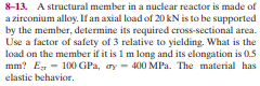 8-13. A structural member in a nuclear reactor is made of
a zirconium alloy. If an axial load of 20 kN is to be supported
by the member, determine its required cross-sectional area.
Use a factor of safety of 3 relative to yielding. What is the
load on the member if it is 1 m long and its elongation is 0.5
mm? E - 100 GPa, ay - 400 MPa. The material has
elastic behavior.
