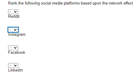 Rank the following social media platforms based upon the network effect
Reddit
Instagram
Facebook
Linkedin
