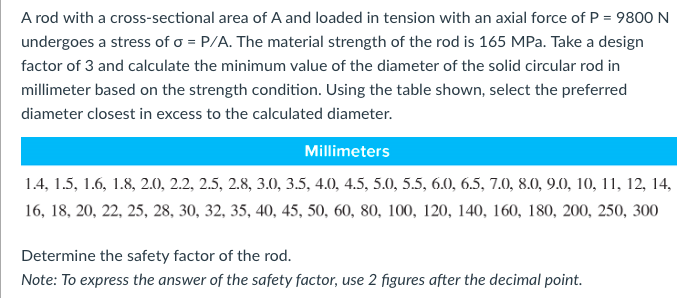 A rod with a cross-sectional area of A and loaded in tension with an axial force of P = 9800 N
undergoes a stress of σ = P/A. The material strength of the rod is 165 MPa. Take a design
factor of 3 and calculate the minimum value of the diameter of the solid circular rod in
millimeter based on the strength condition. Using the table shown, select the preferred
diameter closest in excess to the calculated diameter.
Millimeters
1.4, 1.5, 1.6, 1.8, 2.0, 2.2, 2.5, 2.8, 3.0, 3.5, 4.0, 4.5, 5.0, 5.5, 6.0, 6.5, 7.0, 8.0, 9.0, 10, 11, 12, 14,
16, 18, 20, 22, 25, 28, 30, 32, 35, 40, 45, 50, 60, 80, 100, 120, 140, 160, 180, 200, 250, 300
Determine the safety factor of the rod.
Note: To express the answer of the safety factor, use 2 figures after the decimal point.