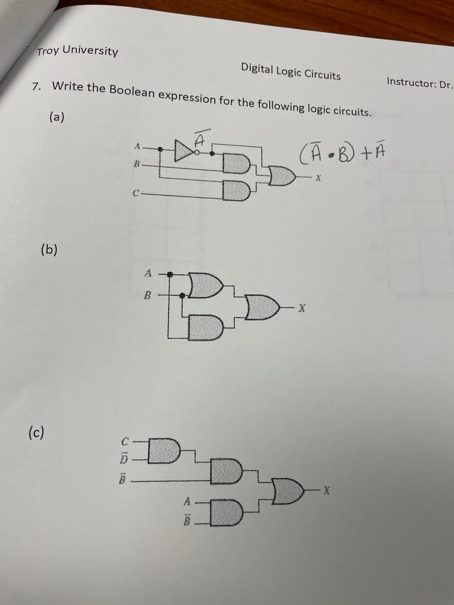 Troy University
Digital Logic Circuits
Instructor: Dr.
7. Write the Boolean expression for the following logic circuits.
(a)
(A •B) +Ã
B.
(b)
(c)
