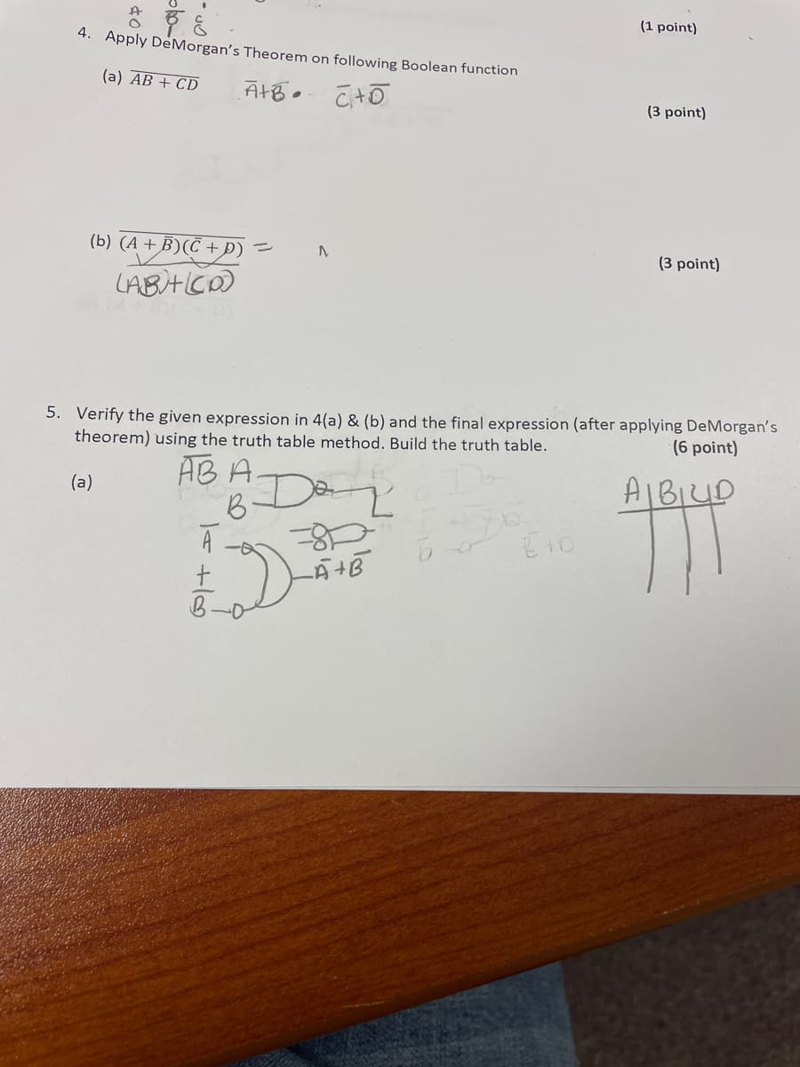 (1 point)
4. Apply DeMorgan's Theorem on following Boolean function
(a) AB + CD
(3 point)
(b) (A + B)(C
(3 point)
LABHICO)
5. Verify the given expression in 4(a) & (b) and the final expression (after applying DeMorgan's
theorem) using the truth table method. Build the truth table.
(6 point)
AB A.
B
(a)
AIBIUD
