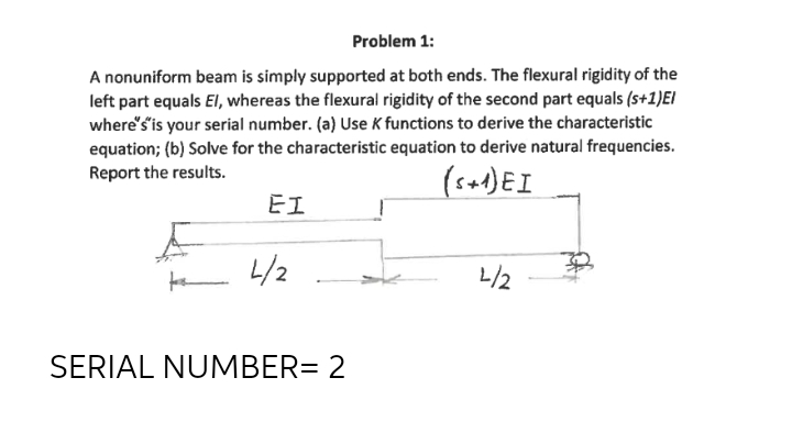 Problem 1:
A nonuniform beam is simply supported at both ends. The flexural rigidity of the
left part equals EI, whereas the flexural rigidity of the second part equals (s+1)EI
where's'is your serial number. (a) Use K functions to derive the characteristic
equation; (b) Solve for the characteristic equation to derive natural frequencies.
Report the results.
(s+4)EI
EI
L/2
SERIAL NUMBER= 2
