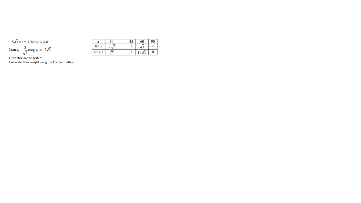 5V3 tan x, + 3cotg x, = 8
30
45
60
90
tan x
1/ 3
1
2 tan x, --
8
cotg x, =-
--2/3
1/3
cotg x
1
Of vectors in the system
Calculate their weight using the Cramer method.
