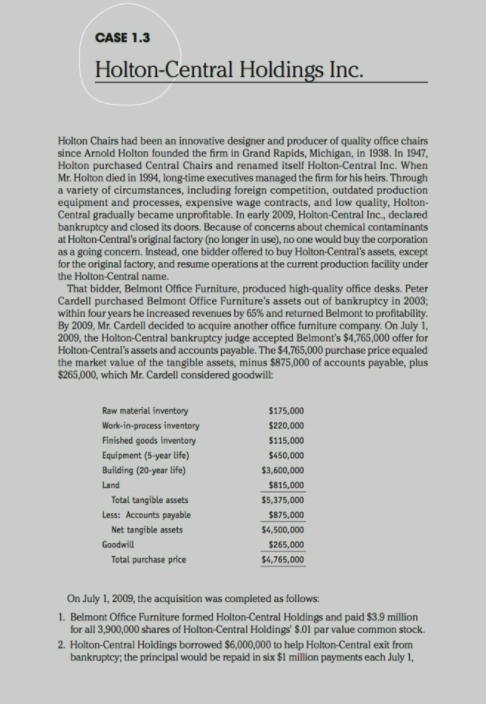 CASE 1.3
Holton-Central Holdings Inc.
Holton Chairs had been an innovative designer and producer of quality office chairs
since Arnold Holton founded the firm in Grand Rapids, Michigan, in 1938. In 1947,
Holton purchased Central Chairs and renamed itself Holton-Central Inc. When
Mr. Holton died in 1994, long-time executives managed the firm for his heirs. Through
a variety of circumstances, including foreign competition, outdated production
equipment and processes, expensive wage contracts, and low quality, Holton-
Central gradually became unprofitable. In early 2009, Holton-Central Inc., declared
bankruptcy and closed its doors. Because of concerns about chemical contaminants
at Holton-Central's original factory (no longer in use), no one would buy the corporation
as a going concen. Instead, one bidder offered to buy Holton-Central's assets, except
for the original factory, and resume operations at the current production facility under
the Holton-Central name.
That bidder, Belmont Office Furniture, produced high-quality office desks. Peter
Cardell purchased Belmont Office Furniture's assets out of bankruptcy in 2003;
within four years he increased revenues by 65% and returned Belmont to profitability.
By 2009, Mr. Cardell decided to acquire another office furniture company. On July 1,
2009, the Holton-Central bankruptcy judge accepted Belmont's $4,765,000 offer for
Holton-Central's assets and accounts payable. The $4,765,000 purchase price equaled
the market value of the tangible assets, minus $875,000 of accounts payable, plus
$265,000, which Mr. Cardell considered goodwill:
Raw material inventory
$175,000
Work-in-process inventory
$220,000
Finished goods inventory
$115,000
Equipment (5-year life)
$450,000
Building (20-year life)
$3,600,000
Land
$815,000
Total tangible assets
$5,375,000
Less: Accounts payable
$875,000
Net tangible assets
$4,500,000
Goodwill
$265,000
Total purchase price
$4,765,000
On July 1, 2009, the acquisition was completed as follows:
1. Belmont Office Furniture formed Holton-Central Holdings and paid $3.9 million
for all 3,900,000 shares of Holton-Central Holdings $.01 par value common stock.
2. Holton-Central Holdings borrowed $6,000,000 to help Holton-Central exit from
bankruptcy; the principal would be repaid in six $1 million payments each July 1,
