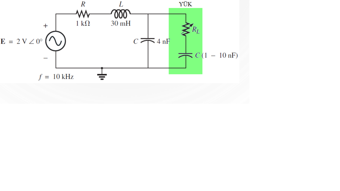 YÜK
R
ll
1 kΩ
30 mH
RL
C
4 nF
E = 2 V Z 0°
:C (1 – 10 nF)
f = 10 kHz
+
