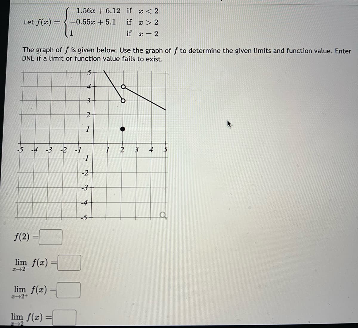 Let f(x) =
-5
The graph of f is given below. Use the graph of f to determine the given limits and function value. Enter
DNE if a limit or function value fails to exist.
5
4
3
2
1
-4 -3 -2 -1
f(2)
lim f(x) =
2-2
-1.56x+6.12
-0.55x + 5.1
lim f(x)=
=
2-2+
lim f(x) =
-1
-2
-3
-4
-5+
1
O
●
if x < 2
if
x > 2
if x = 2
2
3
4 5