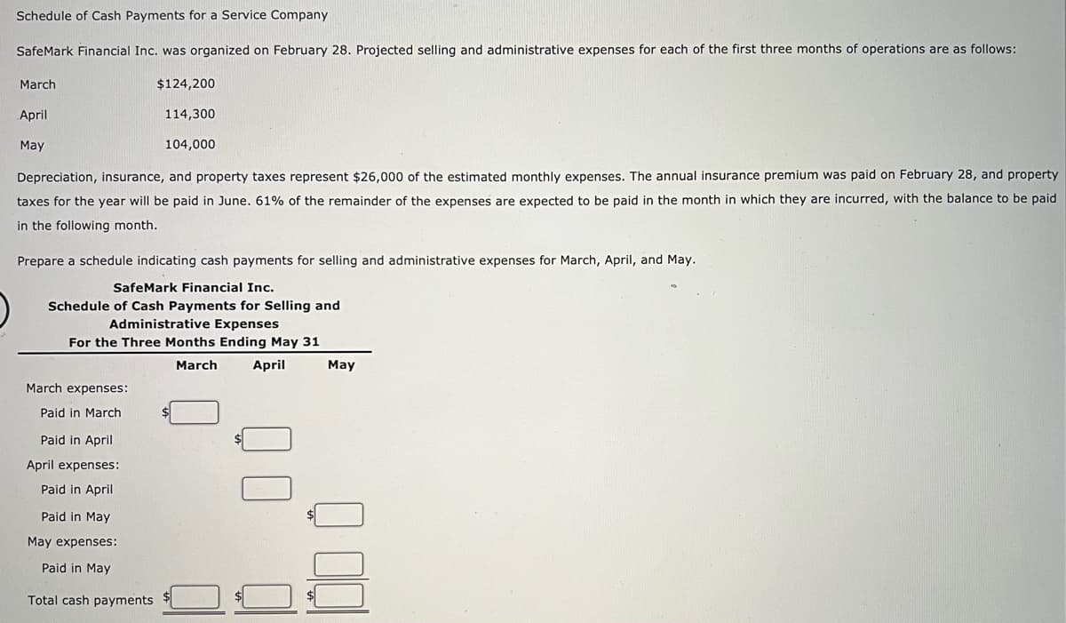 Schedule of Cash Payments for a Service Company
SafeMark Financial Inc. was organized on February 28. Projected selling and administrative expenses for each of the first three months of operations are as follows:
March
April
May
$124,200
114,300
104,000
Depreciation, insurance, and property taxes represent $26,000 of the estimated monthly expenses. The annual insurance premium was paid on February 28, and property
taxes for the year will be paid in June. 61% of the remainder of the expenses are expected to be paid in the month in which they are incurred, with the balance to be paid
in the following month.
Prepare a schedule indicating cash payments for selling and administrative expenses for March, April, and May.
SafeMark Financial Inc.
Schedule of Cash Payments for Selling and
Administrative Expenses
For the Three Months Ending May 31
March
April
March expenses:
Paid in March
Paid in April
April expenses:
Paid in April
Paid in May
May expenses:
Paid in May
Total cash payments
QO Q
May