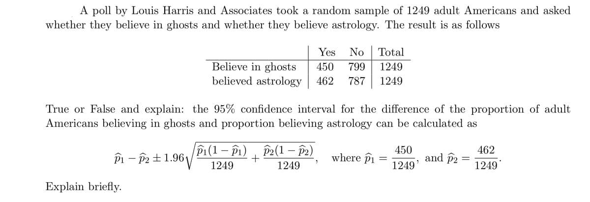 A poll by Louis Harris and Associates took a random sample of 1249 adult Americans and asked
whether they believe in ghosts and whether they believe astrology. The result is as follows
Yes
No
Total
Believe in ghosts
believed astrology
450
799
1249
462
787
1249
True or False and explain: the 95% confidence interval for the difference of the proportion of adult
Americans believing in ghosts and proportion believing astrology can be calculated as
P1(1– îi) , P2(1 – p2)
1.96V
450
462
Pi – P2 ±1.961
+
where pi
and p2
1249
1249
1249'
1249
Explain briefly.
