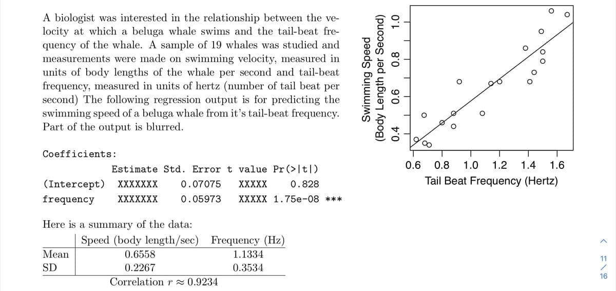 A biologist was interested in the relationship between the ve-
locity at which a beluga whale swims and the tail-beat fre-
quency of the whale. A sample of 19 whales was studied and
measurements were made on swimming velocity, measured in
units of body lengths of the whale per second and tail-beat
frequency, measured in units of hertz (number of tail beat per
second) The following regression output is for predicting the
swimming speed of a beluga whale from it's tail-beat frequency.
Part of the output is blurred.
Coefficients:
Estimate Std. Error t value Pr(>|t])
0.6
0.8
1.0
1.2
1.4
1.6
(Intercept) XXXXXXX
Tail Beat Frequency (Hertz)
0.07075
XXXXX
0.828
frequency
ХXXXXXX
0.05973
ХXXXX 1.75е-08 ***
Here is a summary of the data:
Speed (body length/sec) Frequency (Hz)
Мean
0.6558
1.1334
11
SD
0.2267
0.3534
16
Correlation r 2 0.9234
Swimming Speed
(Body Length per Second)
0.4
0.6
0.8
