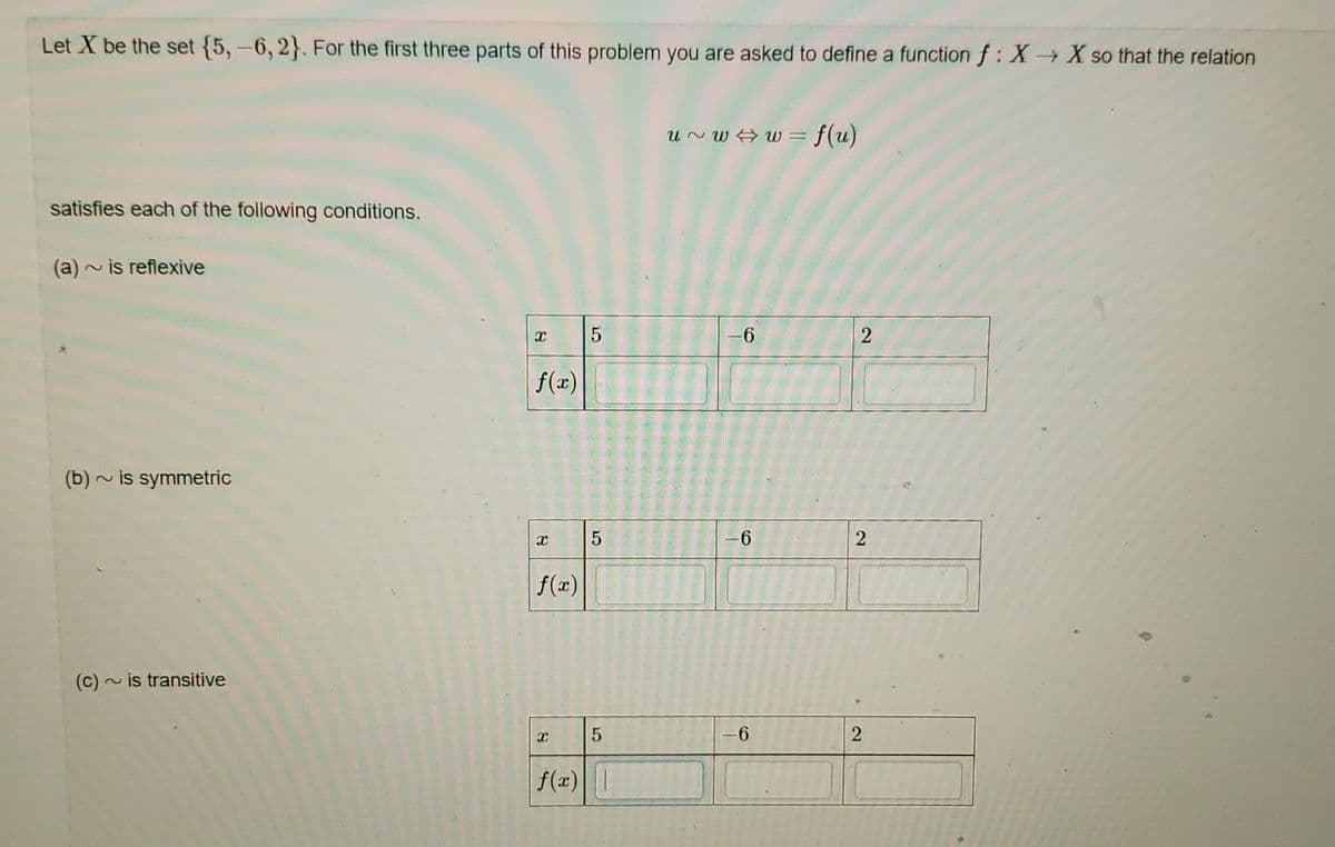 Let X be the set {5, -6, 2}. For the first three parts of this problem you are asked to define a function f: X→ X so that the relation
un w w = f(u)
satisfies each of the following conditions.
(a)
is reflexive
f(x)
(b) ~ is symmetric
-6
f(x)
(c)~ is transitive
f(x) |
2)
