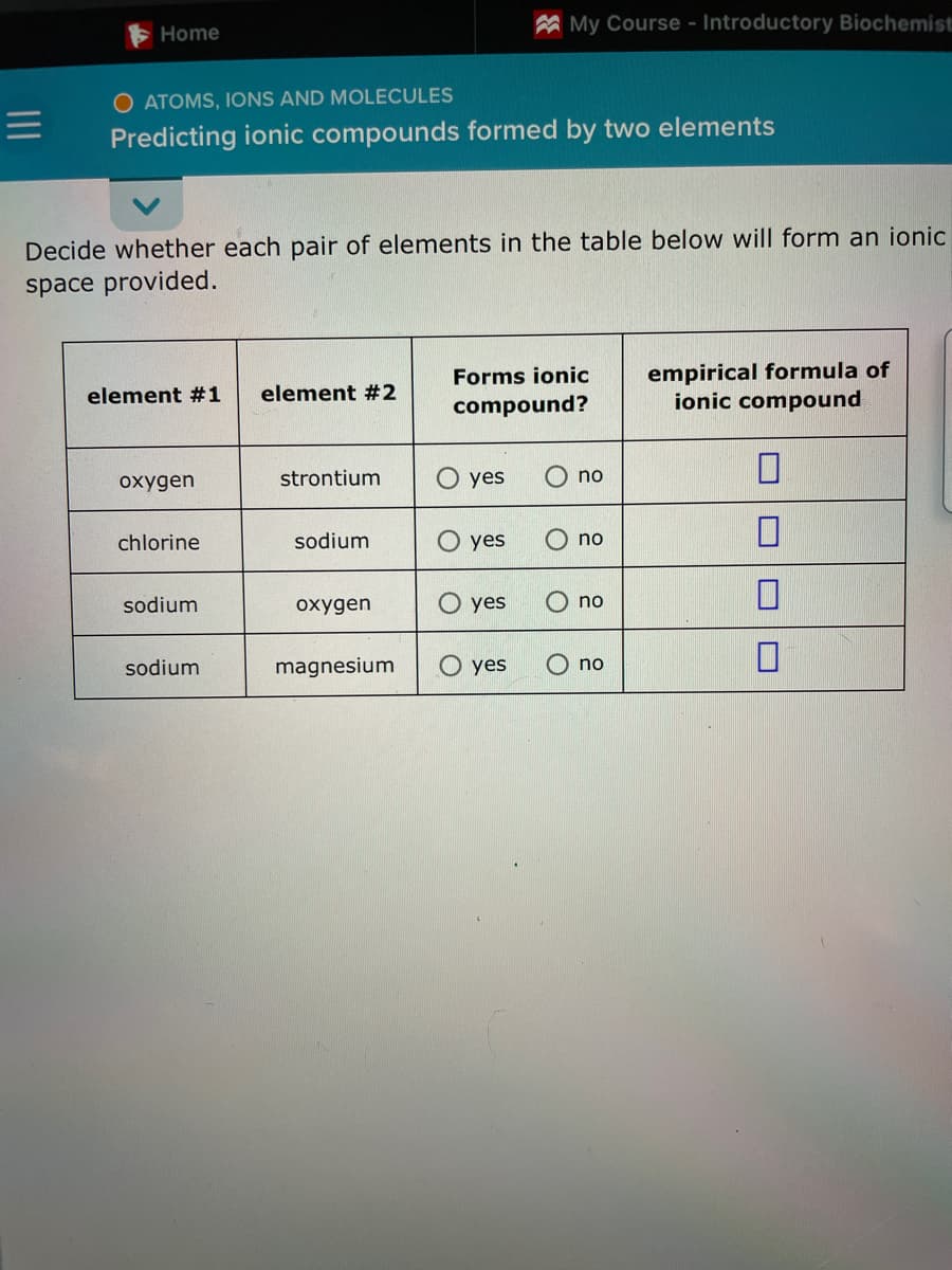 =
Home
O ATOMS, IONS AND MOLECULES
Predicting ionic compounds formed by two elements
Decide whether each pair of elements in the table below will form an ionic
space provided.
element #1
oxygen
chlorine
sodium
sodium
element #2
strontium
sodium
oxygen
magnesium
Forms ionic
compound?
yes
My Course - Introductory Biochemist
yes
yes
O yes
no
no
no
no
empirical formula of
ionic compound