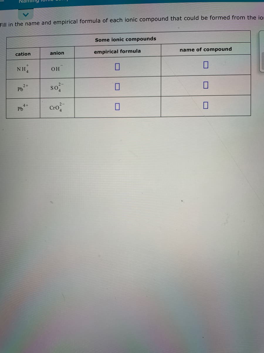 Fill in the name and empirical formula of each ionic compound that could be formed from the ion
cation
NH
2+
Pb
Pb
4+
anion
OH
so²
Cro
Some ionic compounds
empirical formula
0
name of compound