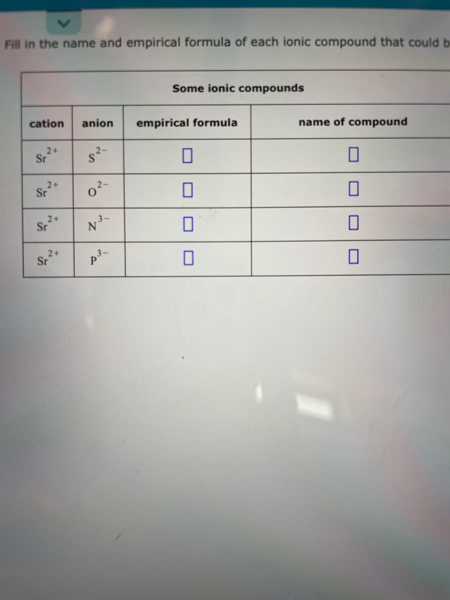 Fill in the name and empirical formula of each ionic compound that could b
cation anion
2+
Sr
2+
Sr
2+
Sr
2+
Sr
s²-
2-
S
०२
N ³-
3-
p³-
P
Some ionic compounds
empirical formula
name of compound
0
0