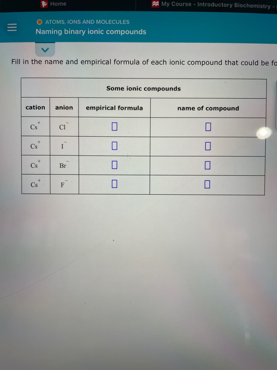 O ATOMS, IONS AND MOLECULES
Naming binary ionic compounds
Fill in the name and empirical formula of each ionic compound that could be fa
cation anion
+
Cs
+
Cs
+
Home
Cs
+
Cs
Cl
I
Br
F
My Course - Introductory Biochemistry -
Some ionic compounds
empirical formula
name of compound