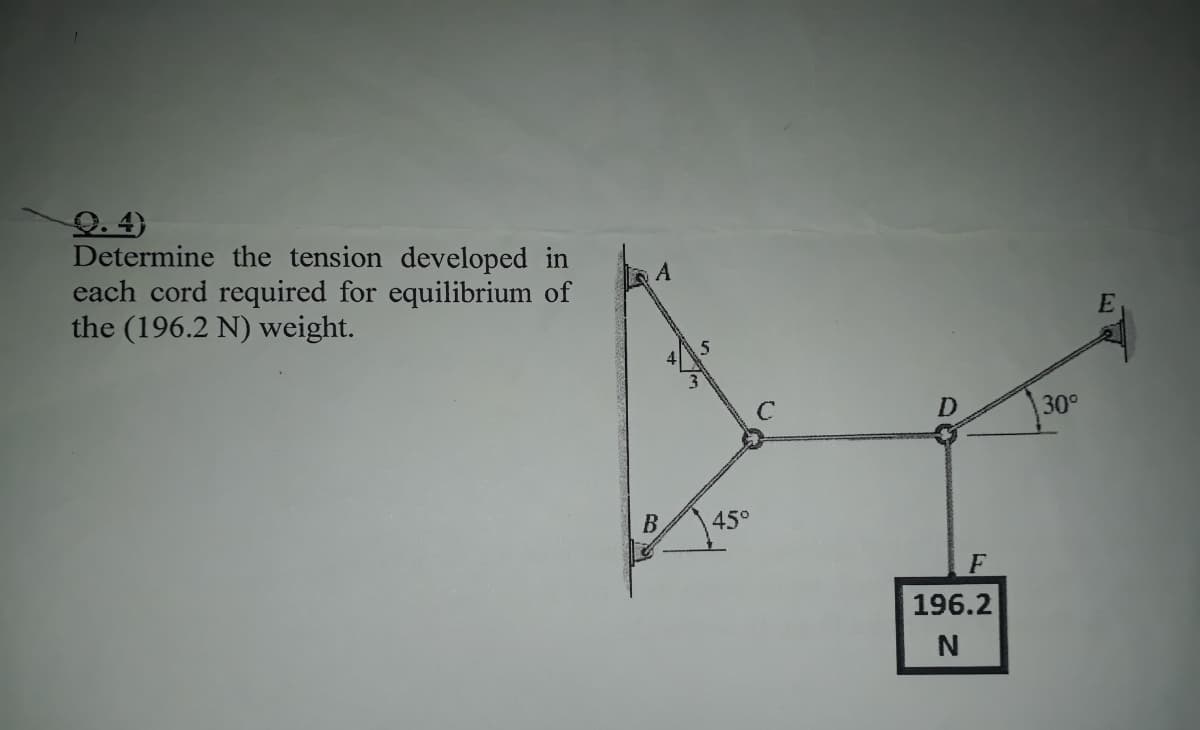 Q. 4)
Determine the tension developed in
each cord required for equilibrium of
the (196.2 N) weight.
E
30°
B.
45°
F
196.2
