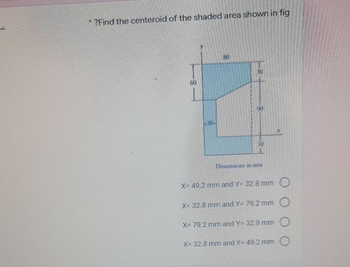 * ?Find the centeroid of the shaded area shown in fig
80
60
30
Dimensions in mm
X= 49.2 mm and Y= 32.8 mm O
X= 32.8 mm and Y= 79.2 mm O
X= 79.2 mm and Y= 32.8 mm
X= 32.8 mm and Y= 49.2 mm O
