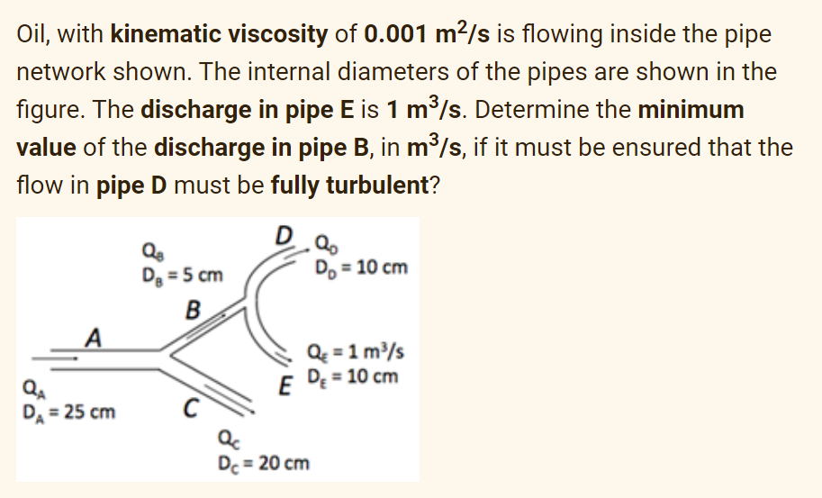 Oil, with kinematic viscosity of 0.001 m²/s is flowing inside the pipe
network shown. The internal diameters of the pipes are shown in the
figure. The discharge in pipe E is 1 m³/s. Determine the minimum
value of the discharge in pipe B, in m³/s, if it must be ensured that the
flow in pipe D must be fully turbulent?
QA
DA = 25 cm
Q₂
DB = 5 cm
B
C
으잉
D₂ = 10 cm
Q₂ = 1 m³/s
E D₂ = 10 cm
ac
Dc = 20 cm