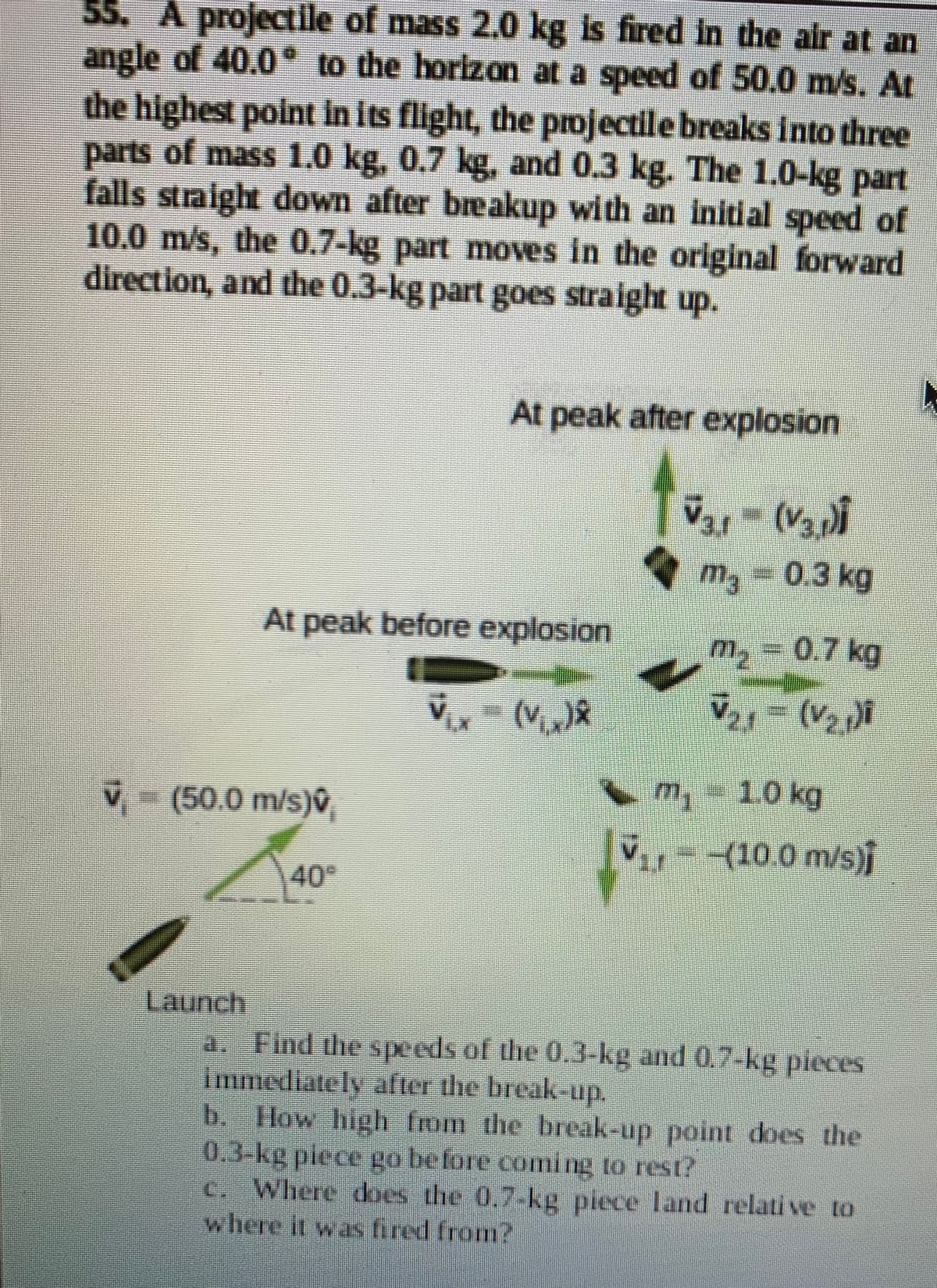 55. A projectile of mass 2.0 kg is fired in the air at an
angle of 40.0° to the horizon at a speed of 50.0 m/s. At
the highest point in its flight, the projectile breaks into three
parts of mass 1.0 kg, 0.7 kg, and 0.3 kg. The 1.0-kg part
falls straight down after breakup with an initial speed of
10.0 m/s, the 0.7-kg part moes in the original forward
direction, and the 0.3-kg part goes straight up.
At peak after explosion
m, - 0.3 kg
At peak before explosion
m2 = 0.7 kg
I 10 kg
V(50.0 m/s)v,
V--(10.0 m/s)
40
Launch
a. Find the speeds of the 0.3-kg and 0.7-kg pieces
immediately after the break-up.
b. How high from the break-up point does the
0.3-kg piece go be fore coming to rest?
c. Where does the 0.7-kg piece land relati ve to
where it wasS fired from?
