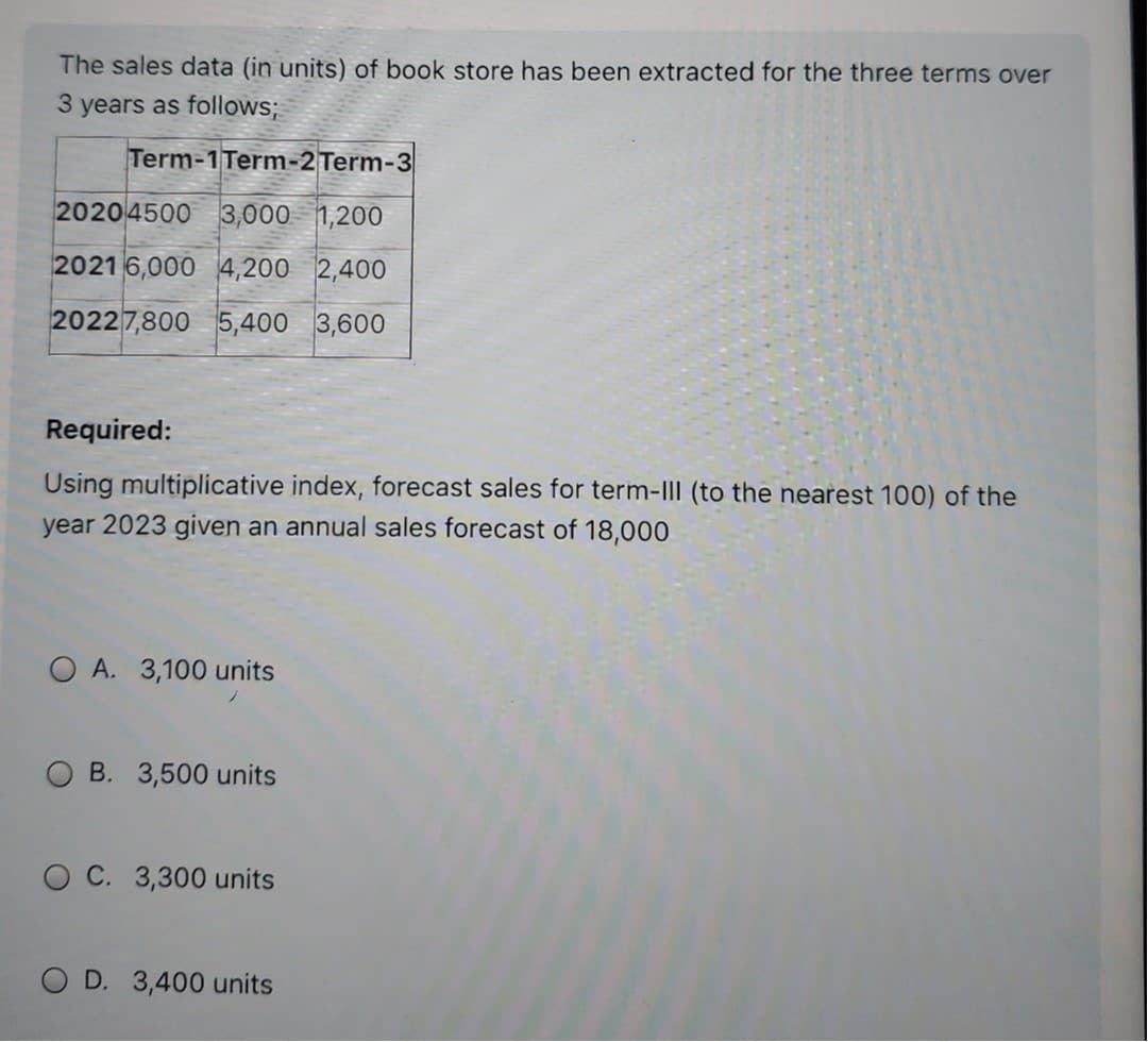 The sales data (in units) of book store has been extracted for the three terms over
3 years as follows;
Term-1Term-2 Term-3
20204500 3,000 1,200
2021 6,000 4,200 2,400
20227,800 5,400 3,600
Required:
Using multiplicative index, forecast sales for term-III (to the nearest 100) of the
year 2023 given an annual sales forecast of 18,000
OA. 3,100 units
B. 3,500 units
OC. 3,300 units
OD. 3,400 units