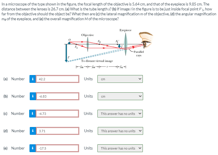 Ina microscope of the type shown in the figure, the focal length of the objective is 5.64 cm, and that of the eyepiece is 9.85 cm. The
distance between the lenses is 26.7 cm. (a) What is the tube length s? (b) If image l in the figure is to be just inside focal point F'1, how
far from the objective should the object be? What then are (c) the lateral magnification m of the objective, (d) the angular magnification
mẹ of the eyepiece, and (e) the overall magnification M of the microscope?
Eyepiece
Objective
Parallel
rays
To distant virtual image
(a) Number
42.2
Units
cm
(b) Number
-6.83
Units
cm
(c) Number
-4.73
Units
This answer has no units
(d) Number
3.71
Units
This answer has no units
(e) Number
-17.5
Units
This answer has no units
