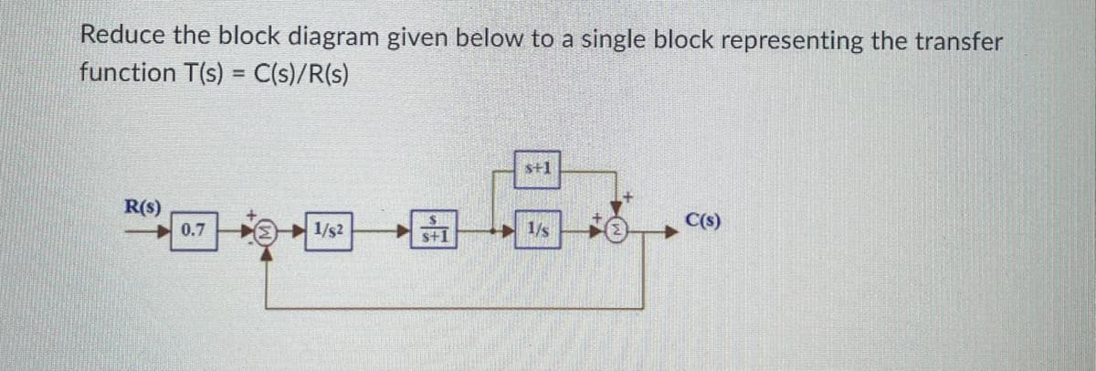 Reduce the block diagram given below to a single block representing the transfer
function T(s) = C(s)/R(s)
R(S)
0.7
1/s2
31
s+1
1/s
C(s)