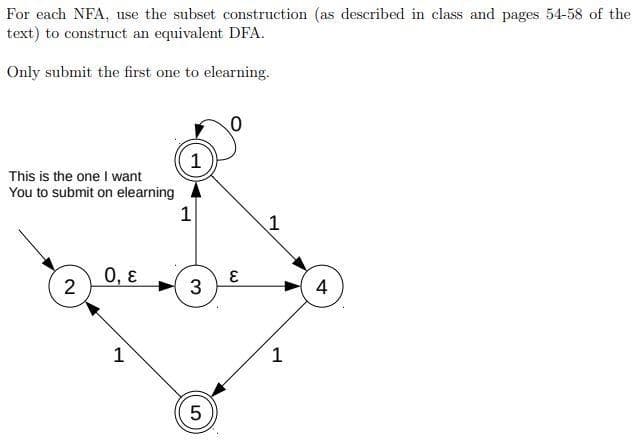 For each NFA, use the subset construction (as described in class and pages 54-58 of the
text) to construct an equivalent DFA.
Only submit the first one to elearning.
This is the one I want
You to submit on elearning
1
1
0, E
4
1
1
5
2.
