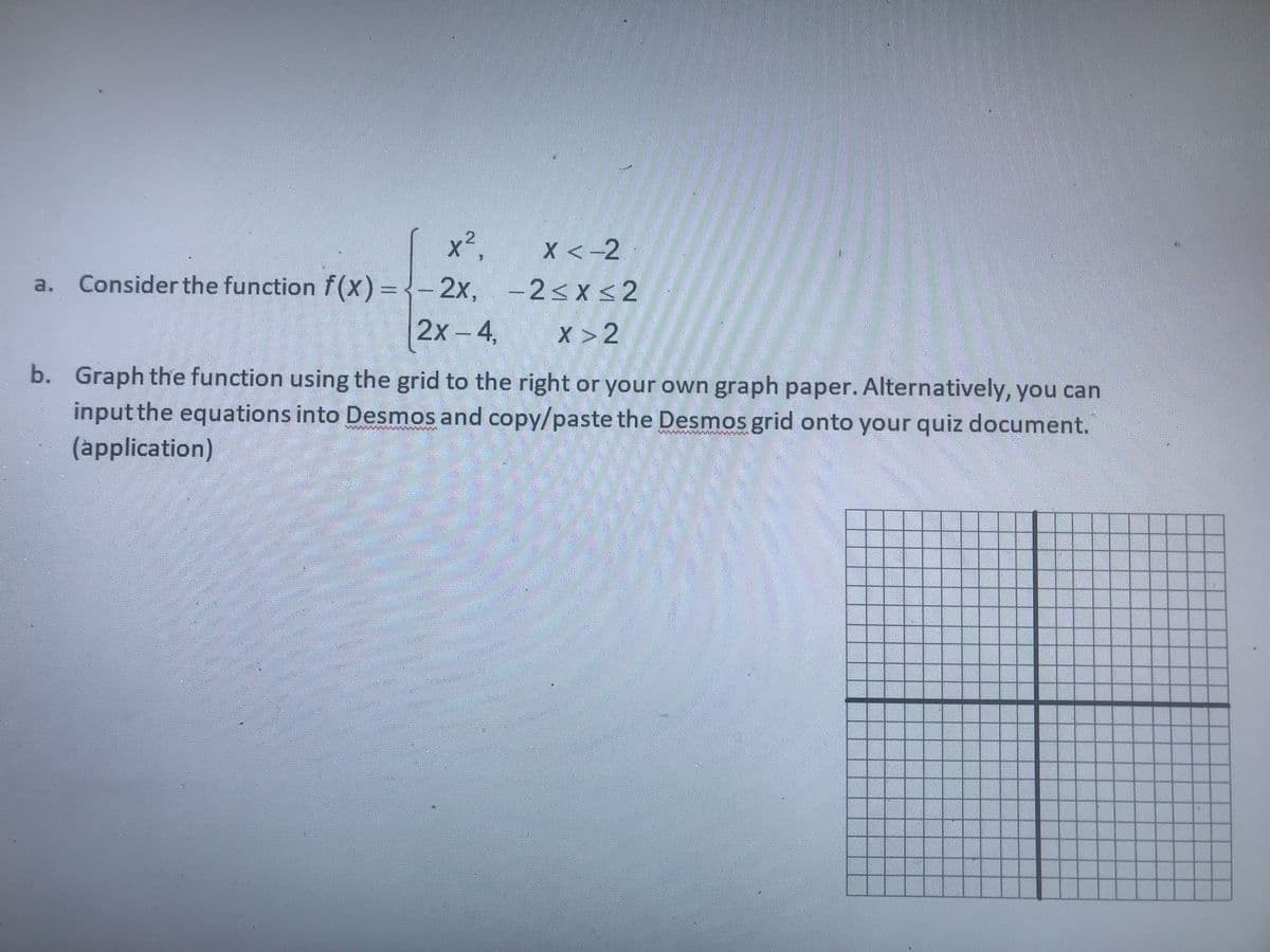 x²,
a. Consider the function f(x) = {-2x,
2x - 4,
x < -2
-2≤x≤2
X > 2
b. Graph the function using the grid to the right or your own graph paper. Alternatively, you can
input the equations into Desmos and copy/paste the Desmos grid onto your quiz document.
(application)
MANNA