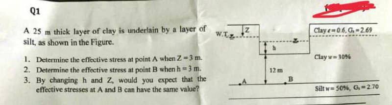 Q1
A 25 m thick layer of clay is underlain by a layer of
silt, as shown in the Figure.
1. Determine the effective stress at point A when Z=3 m.
2. Determine the effective stress at point B when h=3 m.
3. By changing h and Z, would you expect that the
effective stresses at A and B can have the same value?
WIZ 1²
W.T
12 m
B
Clay e=0.6, G.-2.69
Clay w=30%
Silt w=50%, G, 2.70