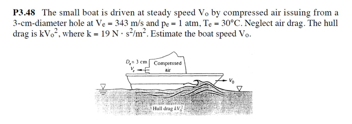 P3.48 The small boat is driven at steady speed Vo by compressed air issuing from a
3-cm-diameter hole at Ve = 343 m/s and pe = 1 atm, Te = 30°C. Neglect air drag. The hull
drag is kVo?, where k = 19 N · s/m². Estimate the boat speed Vo.
%3D
D= 3 cm Compressed
V -E
air
Hull drag kV
