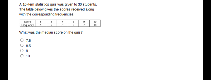 A 10-item statistics quiz was given to 30 students.
The table below gives the scores received along
with the corresponding frequencies.
Score
| Frequency
6
5
1 2
8
5
9
7
10
10
5
What was the median score on the quiz?
O 7.5
8.5
9
10
