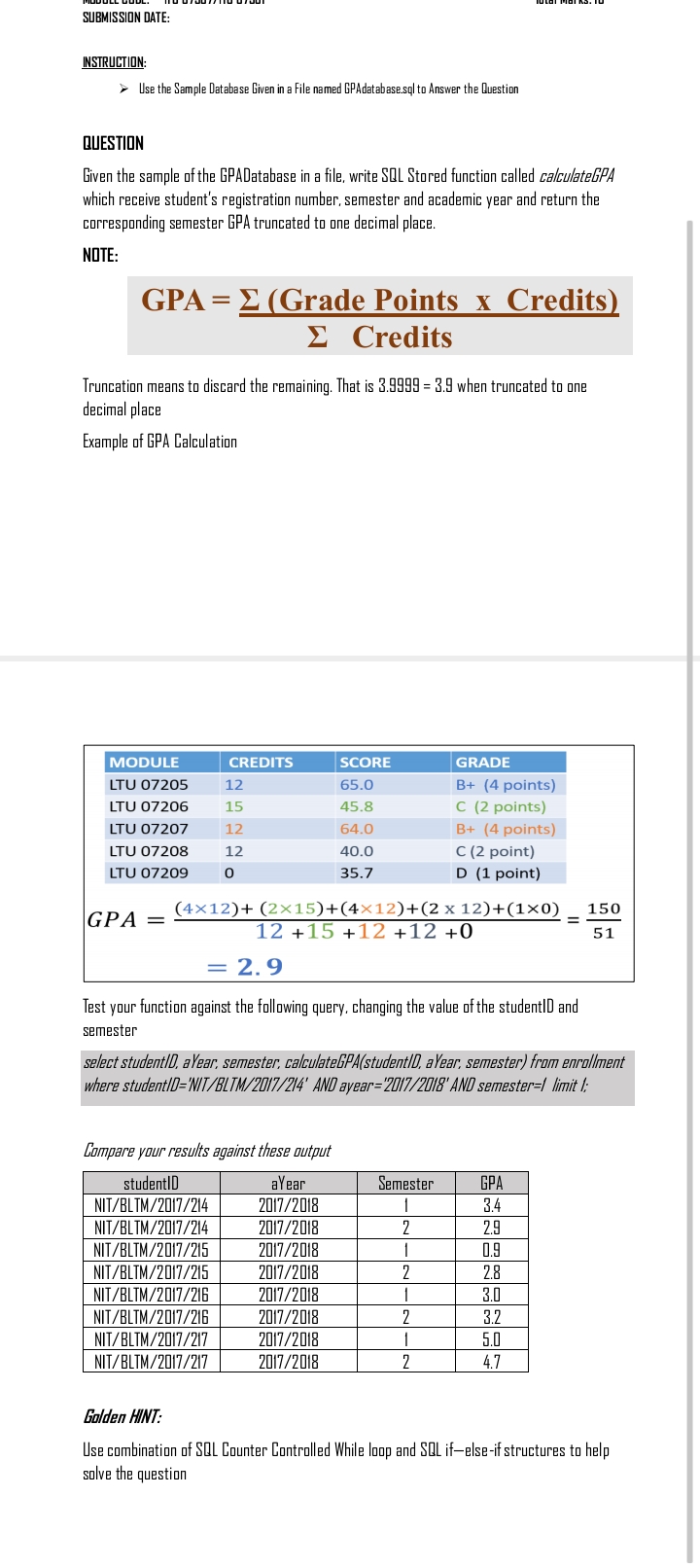 SUBMISSION DATE:
INSTRUCTION
> Use the Sample Database Given in a File named GPAdatabase.sql to Answer the Question
QUESTION
Given the sample of the GPADatabase in a file, write SQL Stored function called calculateGPA
which receive student's registration number, semester and academic year and return the
corresponding semester GPA truncated to one decimal place.
NOTE:
GPA = (Grade Points x Credits)
Σ Credits
Truncation means to discard the remaining. That is 3.9999 = 3.9 when truncated to one
decimal place
Example of GPA Calculation
MODULE
LTU 07205
LTU 07206
LTU 07207
LTU 07208
LTU 07209
GPA =
CREDITS
12
15
12
12
(4x12) + (2x15)+(4x12)+(2 x 12)+(1x0)
12 +15 +12 +12 +0
= 2.9
NIT/BLTM/2017/214
NIT/BLTM/2017/215
NIT/BLTM/2017/215
NIT/BLTM/2017/216
NIT/BLTM/2017/216
NIT/BLTM/2017/217
NIT/BLTM/2017/217
Compare your results against these output
studentID
NIT/BLTM/2017/214
SCORE
65.0
45.8
64.0
40.0
35.7
Test your function against the following query, changing the value of the studentID and
semester
aYear
2017/2018
2017/2018
select studentID, aYear, semester, calculateGPA(studentID, aYear, semester) from enrollment
where studentID=NIT/BLTM/2017/214' AND ayear=2017/2018' AND semester=1 limit 1:
2017/2018
2017/2018
2017/2018
2017/2018
2017/2018
2017/2018
GRADE
B+ (4 points)
C (2 points)
B+ (4 points)
C (2 point)
D (1 point)
Semester
1
2
1
2
1
2
1
2
=
GPA
3.4
2.9
0.9
2.8
3.0
3.2
5.0
4.7
150
51
Golden HINT:
Use combination of SQL Counter Controlled While loop and SQL if-else-if structures to help
solve the question