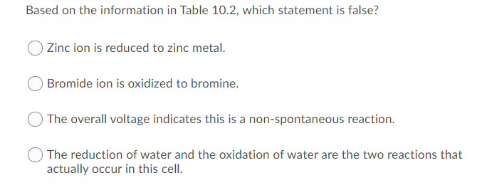 Based on the information in Table 10.2, which statement is false?
Zinc ion is reduced to zinc metal.
Bromide ion is oxidized to bromine.
The overall voltage indicates this is a non-spontaneous reaction.
The reduction of water and the oxidation of water are the two reactions that
actually occur in this cell.
