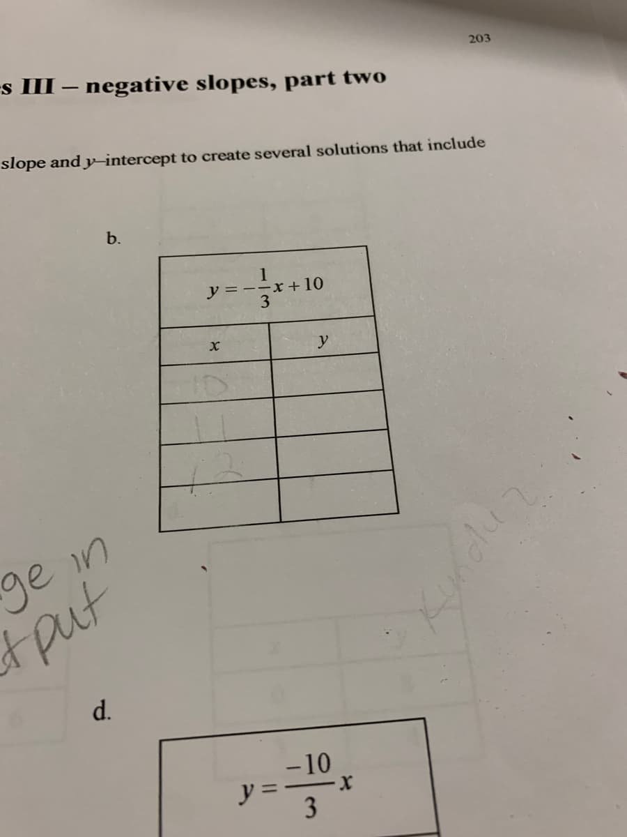 s III – negative slopes, part two
203
-
slope and yintercept to create several solutions that include
b.
y
--x +10
y
gein
tput
d.
-10
y = -
3
