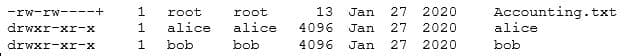 -IW-IW----+
drwxr-xr-x
drwxr-xr-x
1 root
1 alice
1 bob
root
alice
bob
13 Jan 27 2020
4096 Jan 27 2020
4096 Jan 27 2020
Accounting.txt
alice
bob