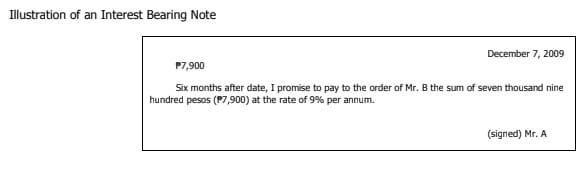 Illustration of an Interest Bearing Note
December 7, 2009
P7,900
Six months after date, I promise to pay to the order of Mr. B the sum of seven thousand nine
hundred pesos (P7,900) at the rate of 9% per annum.
(signed) Mr. A
