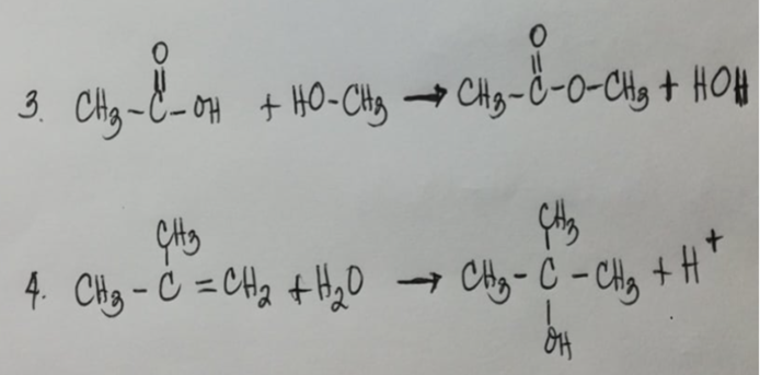 3. CHg-C-oH + H0-CHy →
CHg-Ö-0-CHg + HOH
4. Chg - Ċ =CHq +H,O
- Chy- C - CHy +H
%3D
