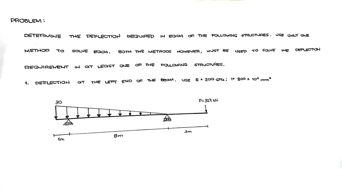 PROBLEM:
DETERMINE THE DEFLECTION REQUIRED IN EACH OF THE FOLLOWING STRUCTURES. USE ONLY ONE
METHOD TO SOLVE
REQUIREMENT IN AT LEAST ONE
30
EACH. BOTH THE METHODS HOWEVER, MUST BE
4. DEFLECTION at THE LEFT END OF THE BEAM.
Furm
1m
OF THE FOLLOWING
8m
min
Use
3m
STRUCTURES.
USED TO SOLVE
E 200 GPa; 1 800 x 100 mm"
P= 327 KN
THE
DEFLECTION