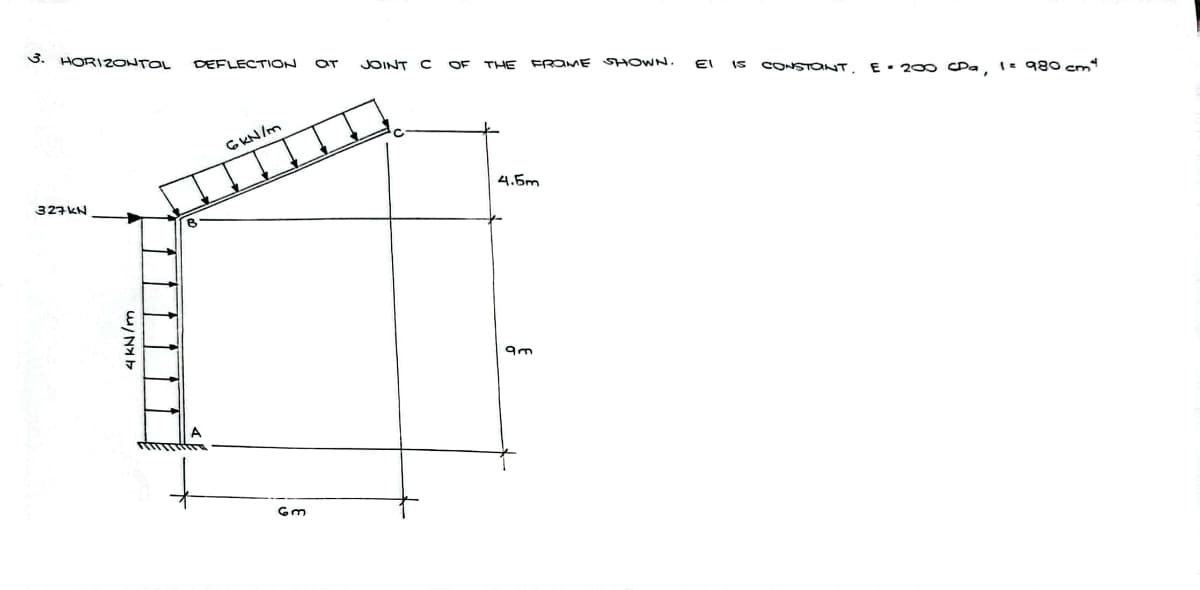 3. HORIZONTAL DEFLECTION OT JOINT C OF THE FRAME SHOWN.
327KN
6kN/m
Gm
4.5m
9m
EI IS CONSTANT.
E▪ 200 CDa, 1= 980 cm²