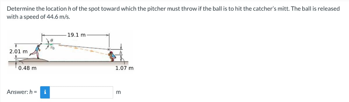 Determine the location h of the spot toward which the pitcher must throw if the ball is to hit the catcher's mitt. The ball is released
with a speed of 44.6 m/s.
2.01 m
0.48 m
Answer: h= i
10
19.1 m
1.07 m
m