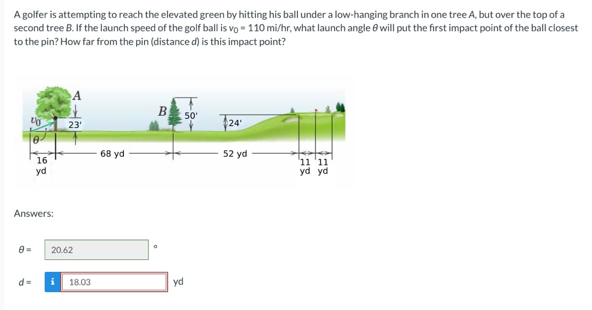 A golfer is attempting to reach the elevated green by hitting his ball under a low-hanging branch in one tree A, but over the top of a
second tree B. If the launch speed of the golf ball is vo= 110 mi/hr, what launch angle will put the first impact point of the ball closest
to the pin? How far from the pin (distance d) is this impact point?
VO
0 =
16
Answers:
d =
yd
A
i
23'
20.62
18.03
68 yd
B
yd
50'
24'
52 yd
11 '11
yd yd