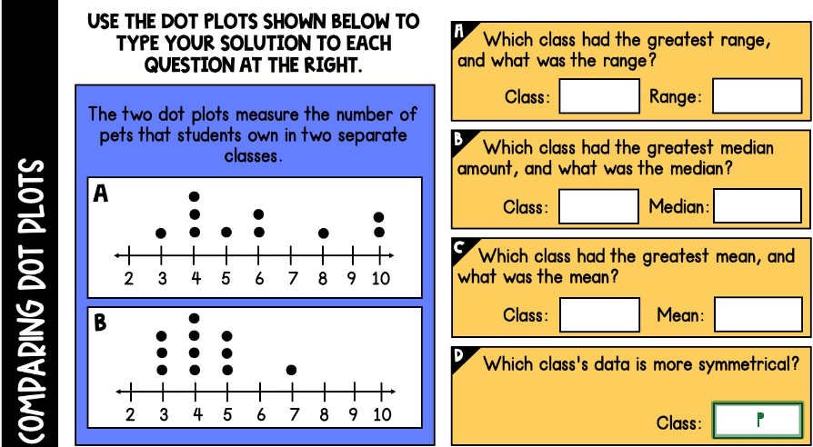 COMPARING DOT PLOTS
USE THE DOT PLOTS SHOWN BELOW TO
TYPE YOUR SOLUTION TO EACH
QUESTION AT THE RIGHT.
The two dot plots measure the number of
pets that students own in two separate
classes.
A
B
.:.:
+
+
2 3
45
6 7 8 9 10
2 3 4 5 6 7 8 9 10
A
Which class had the greatest range,
and what was the range?
Class:
Range:
B
Which class had the greatest median
amount, and what was the median?
Class:
D
Median:
C
Which class had the greatest mean, and
what was the mean?
Class:
Mean:
Which class's data is more symmetrical?
Class:
P