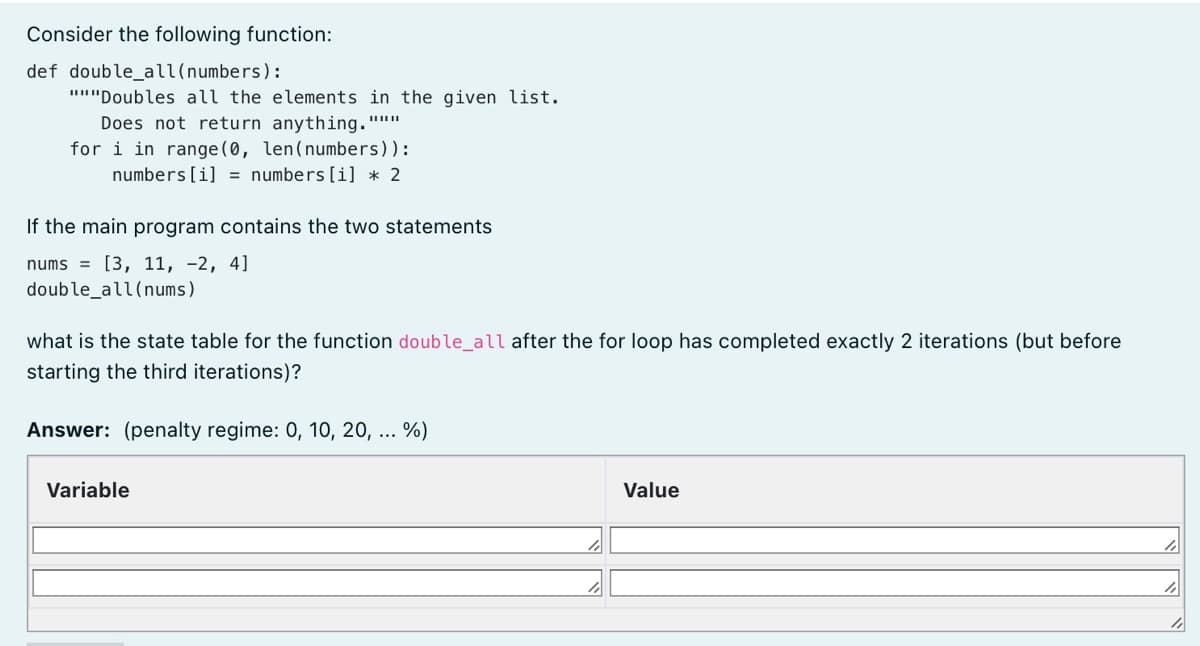 Consider the following function:
def double_all(numbers):
""Doubles all the elements in the given list.
Does not return anything.'
for i in range (0, len(numbers)):
numbers [i] = numbers [i] * 2
If the main program contains the two statements
nums = [3, 11, -2, 4]
double_all(nums)
what is the state table for the function doub le_all after the for loop has completed exactly 2 iterations (but before
starting the third iterations)?
Answer: (penalty regime: 0, 10, 20, ... %)
Variable
Value
