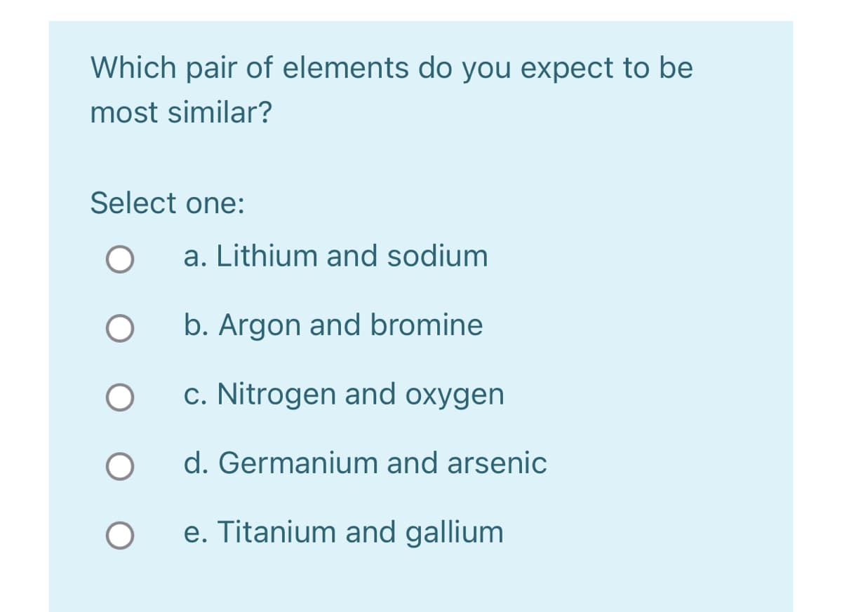 Which pair of elements do you expect to be
most similar?
Select one:
a. Lithium and sodium
b. Argon and bromine
c. Nitrogen and oxygen
d. Germanium and arsenic
e. Titanium and gallium
