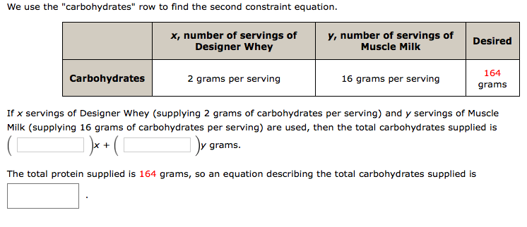 We use the "carbohydrates" row to find the second constraint equation.

|                      | \( x \), number of servings of Designer Whey | \( y \), number of servings of Muscle Milk | Desired   |
|----------------------|---------------------------------------------|-------------------------------------------|-----------|
| Carbohydrates        | 2 grams per serving                         | 16 grams per serving                      | 164 grams |

If \( x \) servings of Designer Whey (supplying 2 grams of carbohydrates per serving) and \( y \) servings of Muscle Milk (supplying 16 grams of carbohydrates per serving) are used, then the total carbohydrates supplied is \( ( \_\_\_ )x + ( \_\_\_ )y \) grams.

The total protein supplied is 164 grams, so an equation describing the total carbohydrates supplied is \[ \_\_\_ \].