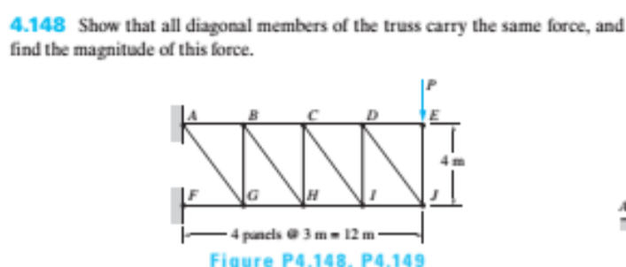 4.148 Show that all diagonal members of the truss carry the same force, and
find the magnitude of this force.
G
-4 pancls e3 m- 12 m -
Figure P4.148, P4.149
